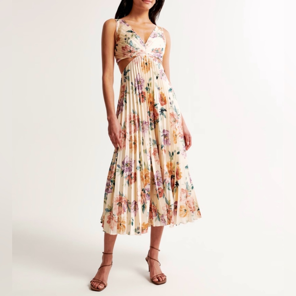 Abercrombie Fitch A&F Satin Giselle Pleated Cutout Maxi Midi Dress cream floral